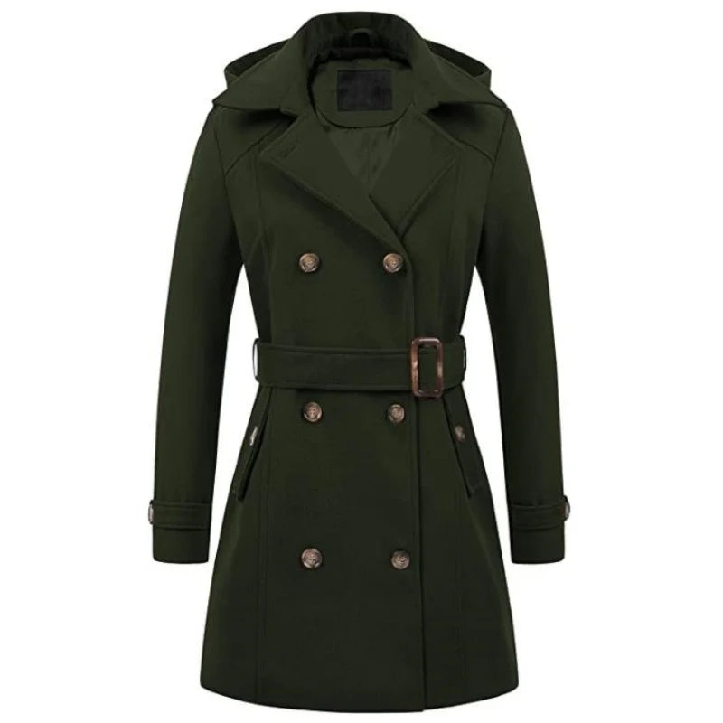Women Hooded Jacket - Mid Length Double Breasted Coat With Woolen Lapel & Turn Down Collar - ZOOMNSTORE