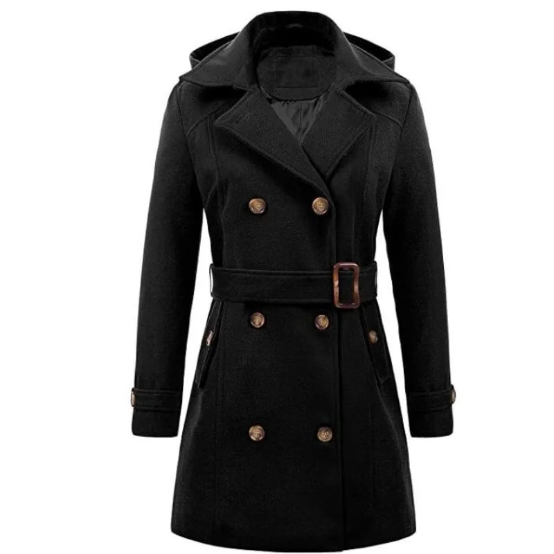 Women Hooded Jacket - Mid Length Double Breasted Coat With Woolen Lapel & Turn Down Collar - ZOOMNSTORE