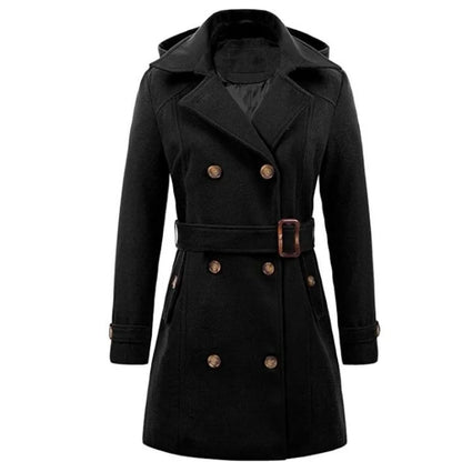 Women Hooded Jacket - Mid Length Double Breasted Coat With Woolen Lapel & Turn Down Collar - ZOOMNSTORE