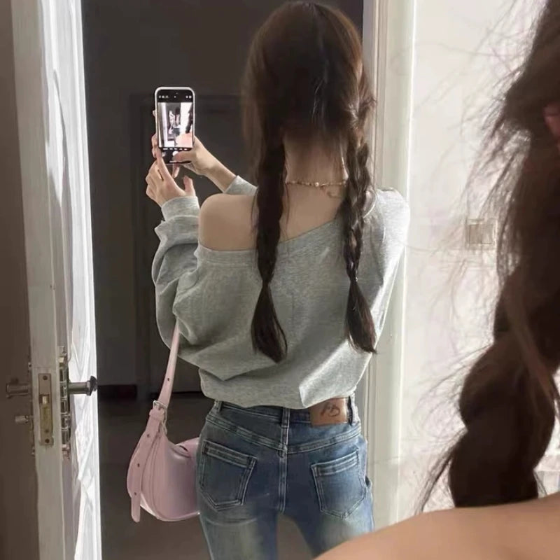Cropped Off-Shoulder Hoodie - Womens Baggy Fashion Sweatshirt Aesthetic Streetwear - ZOOMNSTORE