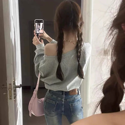 Cropped Off-Shoulder Hoodie - Womens Baggy Fashion Sweatshirt Aesthetic Streetwear - ZOOMNSTORE