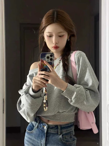 Cropped Off-Shoulder Hoodie - Womens Baggy Fashion Sweatshirt Aesthetic Streetwear - ZOOMNSTORE
