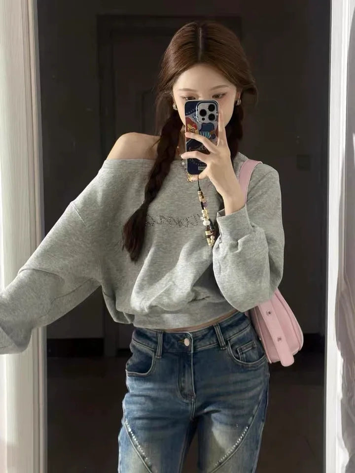 Cropped Off-Shoulder Hoodie - Womens Baggy Fashion Sweatshirt Aesthetic Streetwear - ZOOMNSTORE
