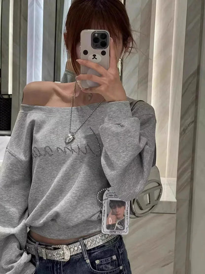 Cropped Off-Shoulder Hoodie - Womens Baggy Fashion Sweatshirt Aesthetic Streetwear - ZOOMNSTORE