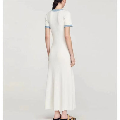Women Knit Maxi Dress - Elegant Contrasting O-Neck Bodycon Dress With Metal Buttons - ZOOMNSTORE