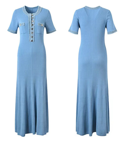 Women Knit Maxi Dress - Elegant Contrasting O-Neck Bodycon Dress With Metal Buttons - ZOOMNSTORE