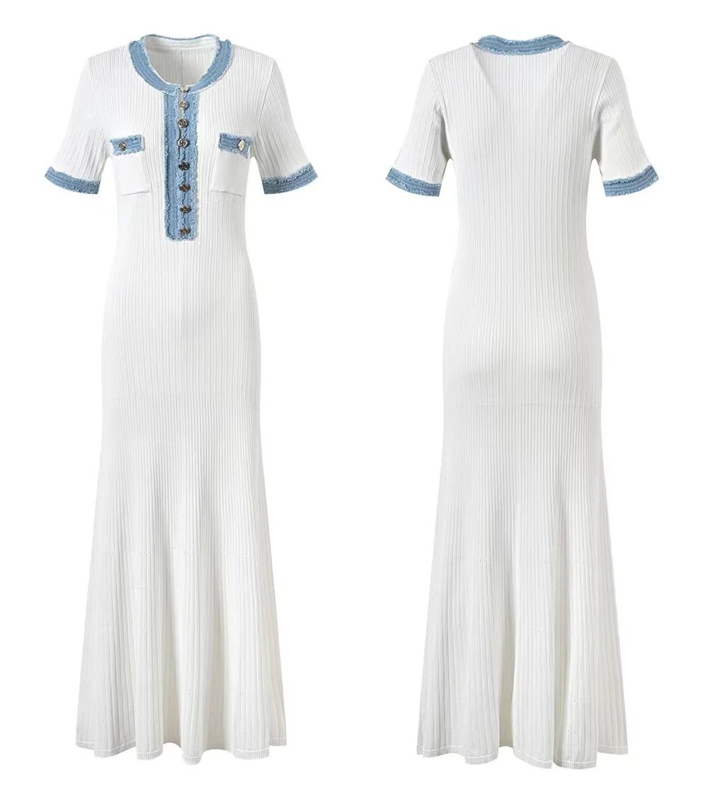 Women Knit Maxi Dress - Elegant Contrasting O-Neck Bodycon Dress With Metal Buttons - ZOOMNSTORE