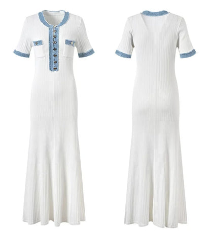 Women Knit Maxi Dress - Elegant Contrasting O-Neck Bodycon Dress With Metal Buttons - ZOOMNSTORE