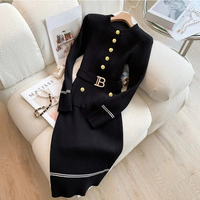 Knitted Bodycon Sweater Dress - Womens O-neck Office Dress with Belt and Buttons - ZOOMNSTORE