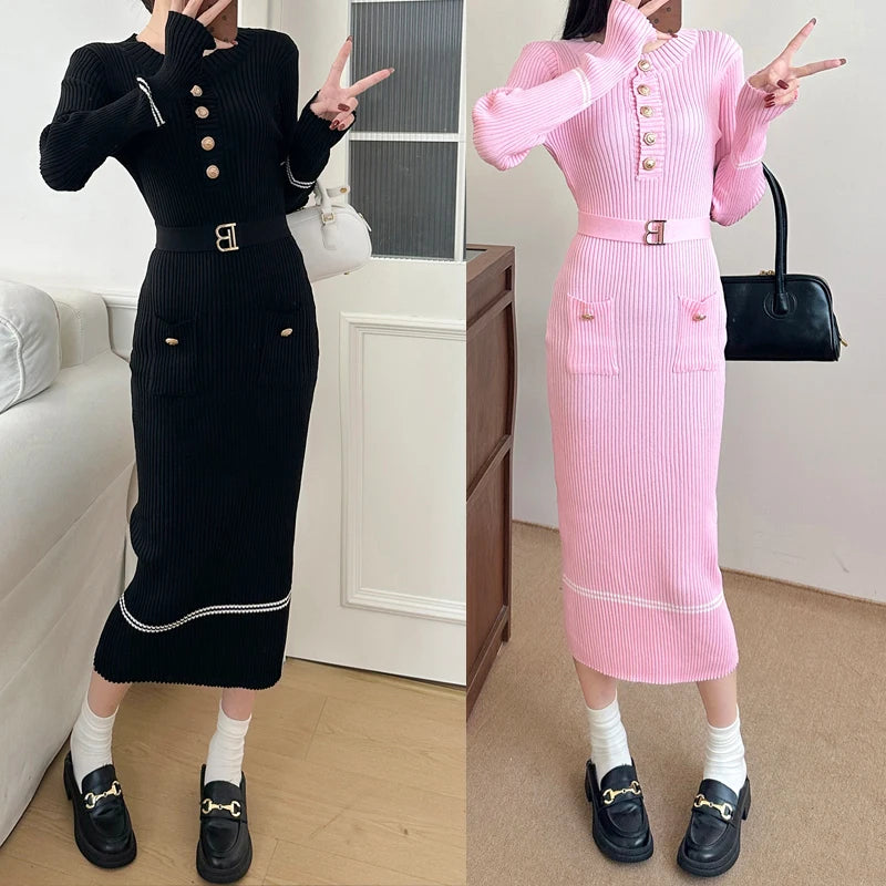 Knitted Bodycon Sweater Dress - Womens O-neck Office Dress with Belt and Buttons - ZOOMNSTORE