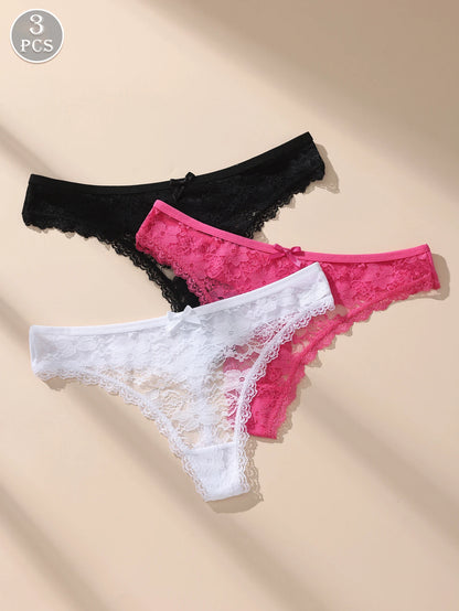 Women Lace Underwear – Low Waist Lace Bow Panties | Seamless, Soft & Breathable 3-Pack - ZOOMNSTORE