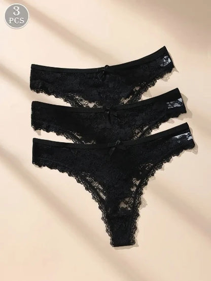 Women Lace Underwear – Low Waist Lace Bow Panties | Seamless, Soft & Breathable 3-Pack - ZOOMNSTORE
