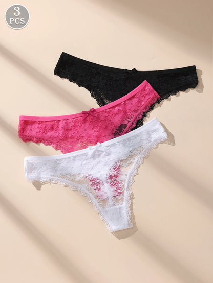 Women Lace Underwear – Low Waist Lace Bow Panties | Seamless, Soft & Breathable 3-Pack - ZOOMNSTORE