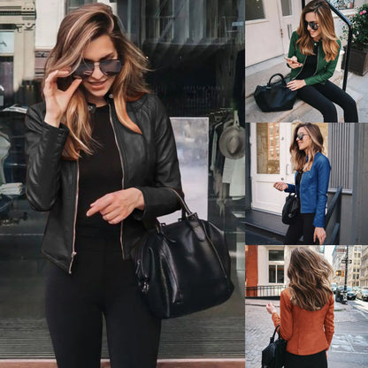 Vintage Women PU Leather Bomber Jacket Fashion Casual Autumn Winter Zipper Windbreaker Streetwear Female Blazer Y2K Clothes New - ZOOMNSTORE