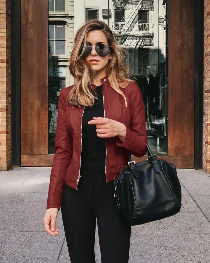 Vintage Women PU Leather Bomber Jacket Fashion Casual Autumn Winter Zipper Windbreaker Streetwear Female Blazer Y2K Clothes New - ZOOMNSTORE