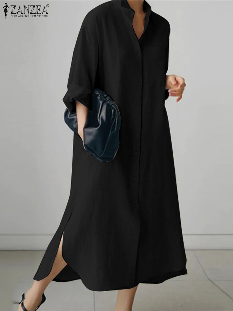 ZANZEA Womens Long Sleeve Maxi Dress - Solid Shirt Sundress with Lapel Neck and Buttons - ZOOMNSTORE