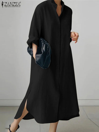 ZANZEA Womens Long Sleeve Maxi Dress - Solid Shirt Sundress with Lapel Neck and Buttons - ZOOMNSTORE