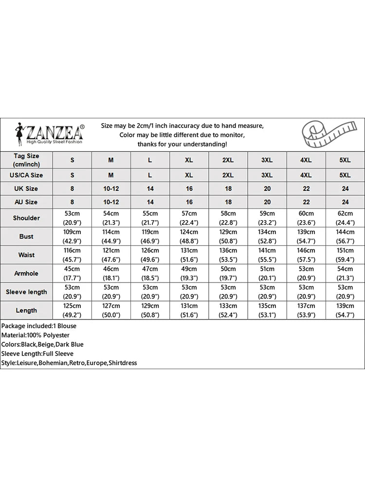 ZANZEA Womens Long Sleeve Maxi Dress - Solid Shirt Sundress with Lapel Neck and Buttons - ZOOMNSTORE