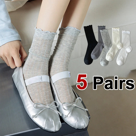 Womens Lightweight Mesh Mid Tube Socks - 5 Pairs Casual Breathable Ballet Style - ZOOMNSTORE