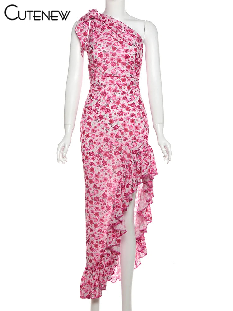 Women Midi Dresses - Floral Print Sleeveless Bandage Dress With Ruffle Split - ZOOMNSTORE