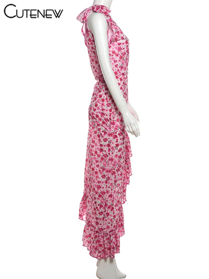 Women Midi Dresses - Floral Print Sleeveless Bandage Dress With Ruffle Split - ZOOMNSTORE