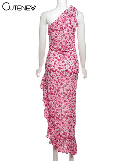 Women Midi Dresses - Floral Print Sleeveless Bandage Dress With Ruffle Split - ZOOMNSTORE