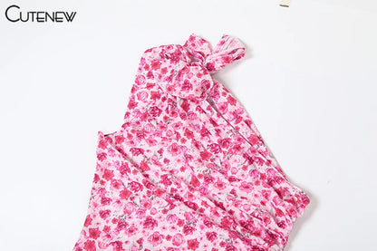 Women Midi Dresses - Floral Print Sleeveless Bandage Dress With Ruffle Split - ZOOMNSTORE