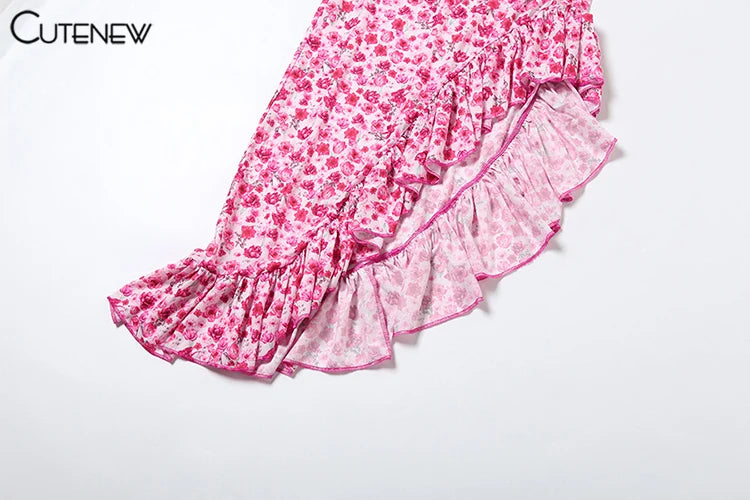 Women Midi Dresses - Floral Print Sleeveless Bandage Dress With Ruffle Split - ZOOMNSTORE