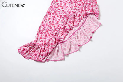 Women Midi Dresses - Floral Print Sleeveless Bandage Dress With Ruffle Split - ZOOMNSTORE