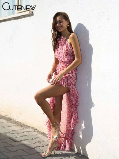Women Midi Dresses - Floral Print Sleeveless Bandage Dress With Ruffle Split - ZOOMNSTORE