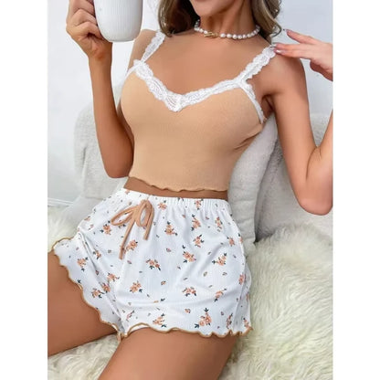 Womens Pink Lace Pajama Set - V-Neck Cami Top  Printed Shorts Sleepwear - ZOOMNSTORE