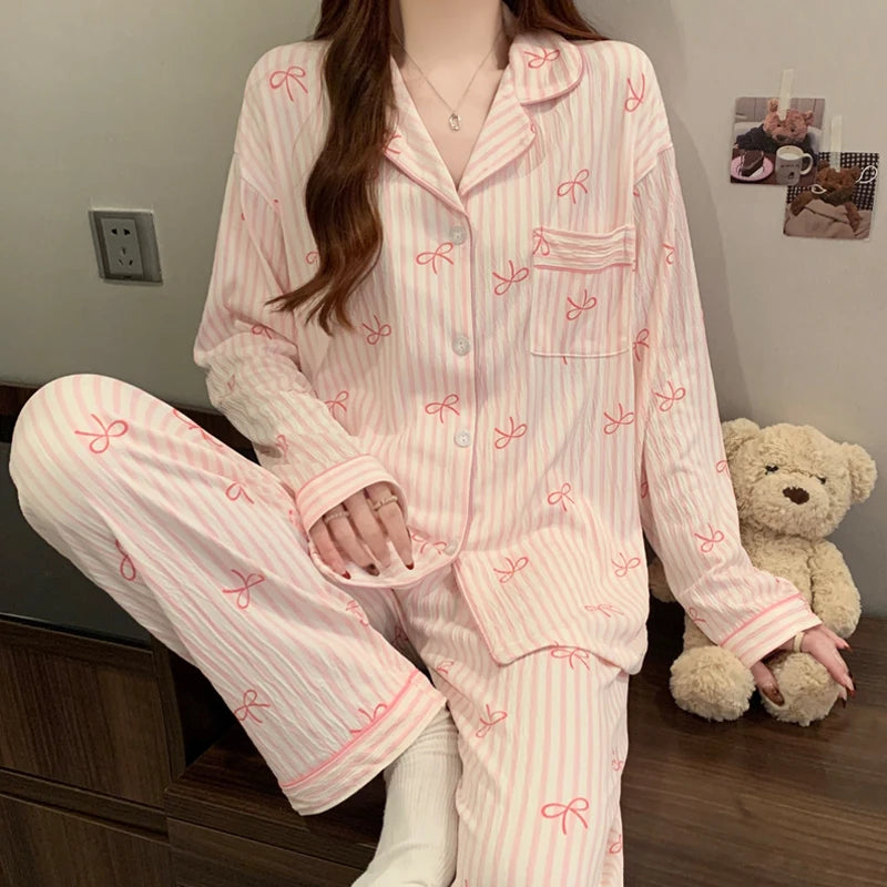 Pink Bow Dtie Pajama Set - Womens Long Sleeve Top  Elastic Waist Pants Harajuku Style Home Wear - ZOOMNSTORE