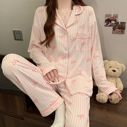 Pink Bow Dtie Pajama Set - Womens Long Sleeve Top  Elastic Waist Pants Harajuku Style Home Wear - ZOOMNSTORE