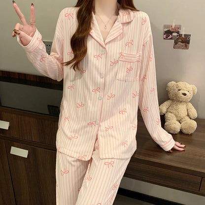 Pink Bow Dtie Pajama Set - Womens Long Sleeve Top  Elastic Waist Pants Harajuku Style Home Wear - ZOOMNSTORE