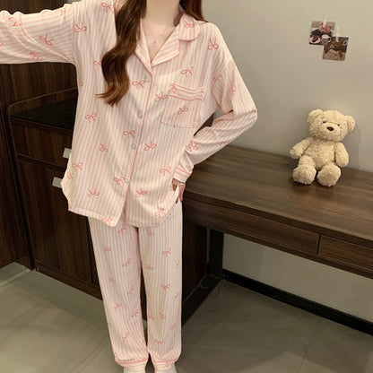 Pink Bow Dtie Pajama Set - Womens Long Sleeve Top  Elastic Waist Pants Harajuku Style Home Wear - ZOOMNSTORE