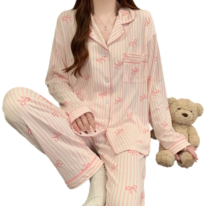 Pink Bow Dtie Pajama Set - Womens Long Sleeve Top  Elastic Waist Pants Harajuku Style Home Wear - ZOOMNSTORE