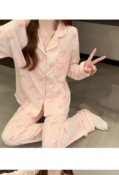 Pink Bow Dtie Pajama Set - Womens Long Sleeve Top  Elastic Waist Pants Harajuku Style Home Wear - ZOOMNSTORE