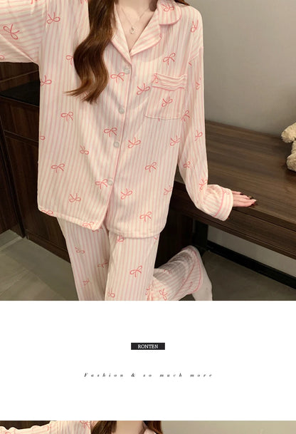 Pink Bow Dtie Pajama Set - Womens Long Sleeve Top  Elastic Waist Pants Harajuku Style Home Wear - ZOOMNSTORE