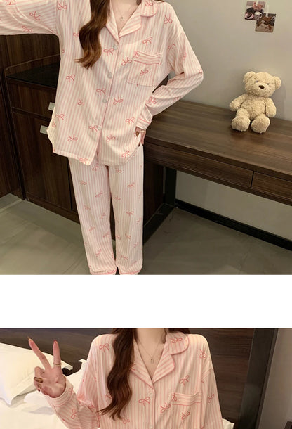 Pink Bow Dtie Pajama Set - Womens Long Sleeve Top  Elastic Waist Pants Harajuku Style Home Wear - ZOOMNSTORE