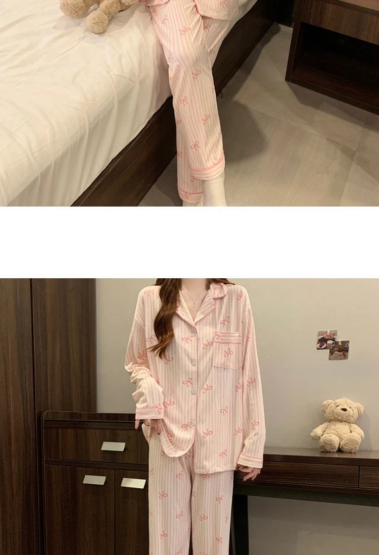 Pink Bow Dtie Pajama Set - Womens Long Sleeve Top  Elastic Waist Pants Harajuku Style Home Wear - ZOOMNSTORE