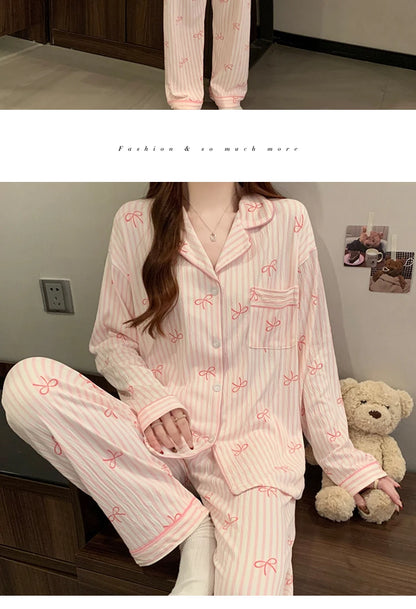 Pink Bow Dtie Pajama Set - Womens Long Sleeve Top  Elastic Waist Pants Harajuku Style Home Wear - ZOOMNSTORE