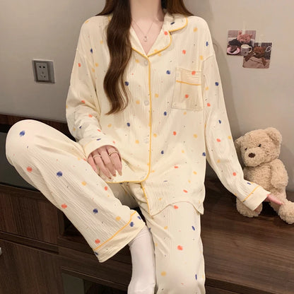 Pink Bow Dtie Pajama Set - Womens Long Sleeve Top  Elastic Waist Pants Harajuku Style Home Wear - ZOOMNSTORE