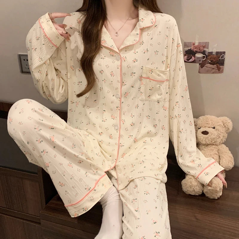 Pink Bow Dtie Pajama Set - Womens Long Sleeve Top  Elastic Waist Pants Harajuku Style Home Wear - ZOOMNSTORE