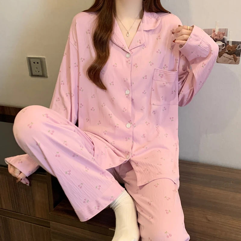 Pink Bow Dtie Pajama Set - Womens Long Sleeve Top  Elastic Waist Pants Harajuku Style Home Wear - ZOOMNSTORE