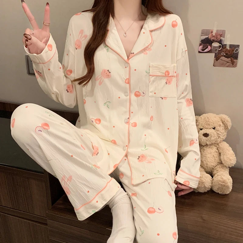 Pink Bow Dtie Pajama Set - Womens Long Sleeve Top  Elastic Waist Pants Harajuku Style Home Wear - ZOOMNSTORE