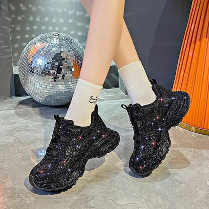 High Heel Platform Sneakers - Womens Lace-Up Casual Crystal Running Shoes - ZOOMNSTORE