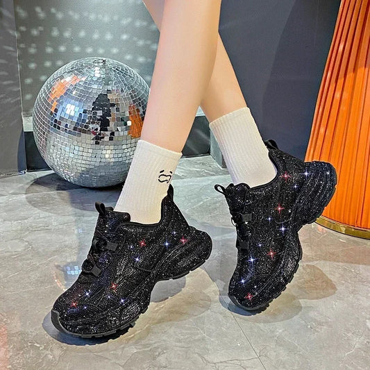 High Heel Platform Sneakers - Womens Lace-Up Casual Crystal Running Shoes - ZOOMNSTORE