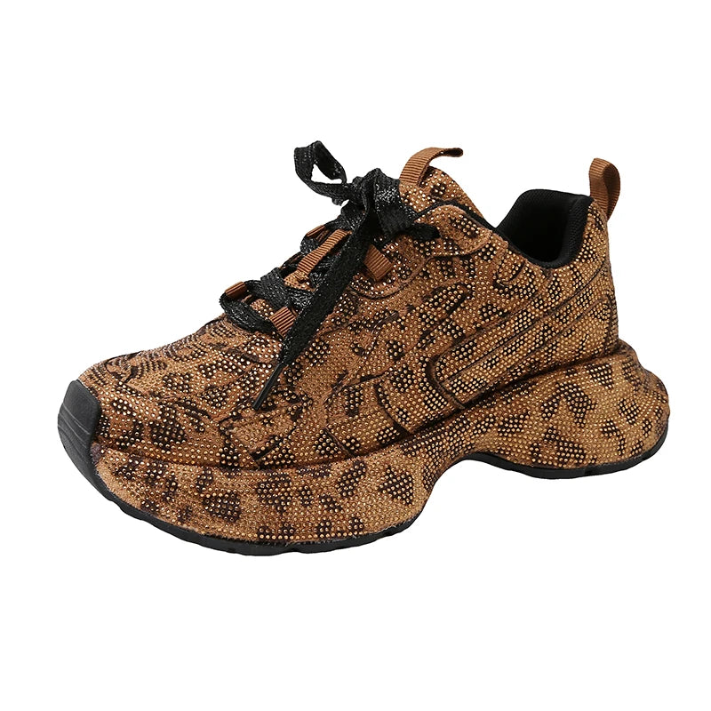 High Heel Platform Sneakers - Womens Lace-Up Casual Crystal Running Shoes - ZOOMNSTORE