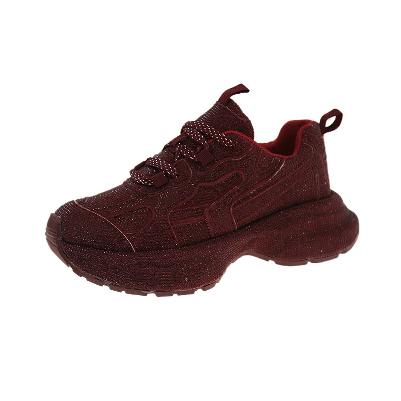High Heel Platform Sneakers - Womens Lace-Up Casual Crystal Running Shoes - ZOOMNSTORE