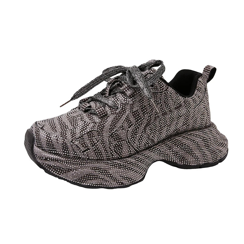 High Heel Platform Sneakers - Womens Lace-Up Casual Crystal Running Shoes - ZOOMNSTORE